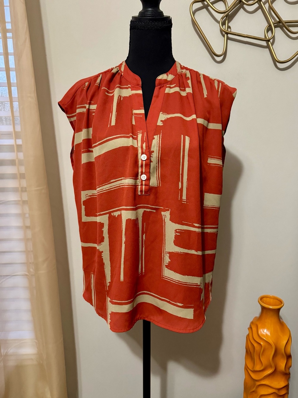 Banana Republic Rust/burnt orange and Cream Brushstroke Cap-Sleeve Blouse